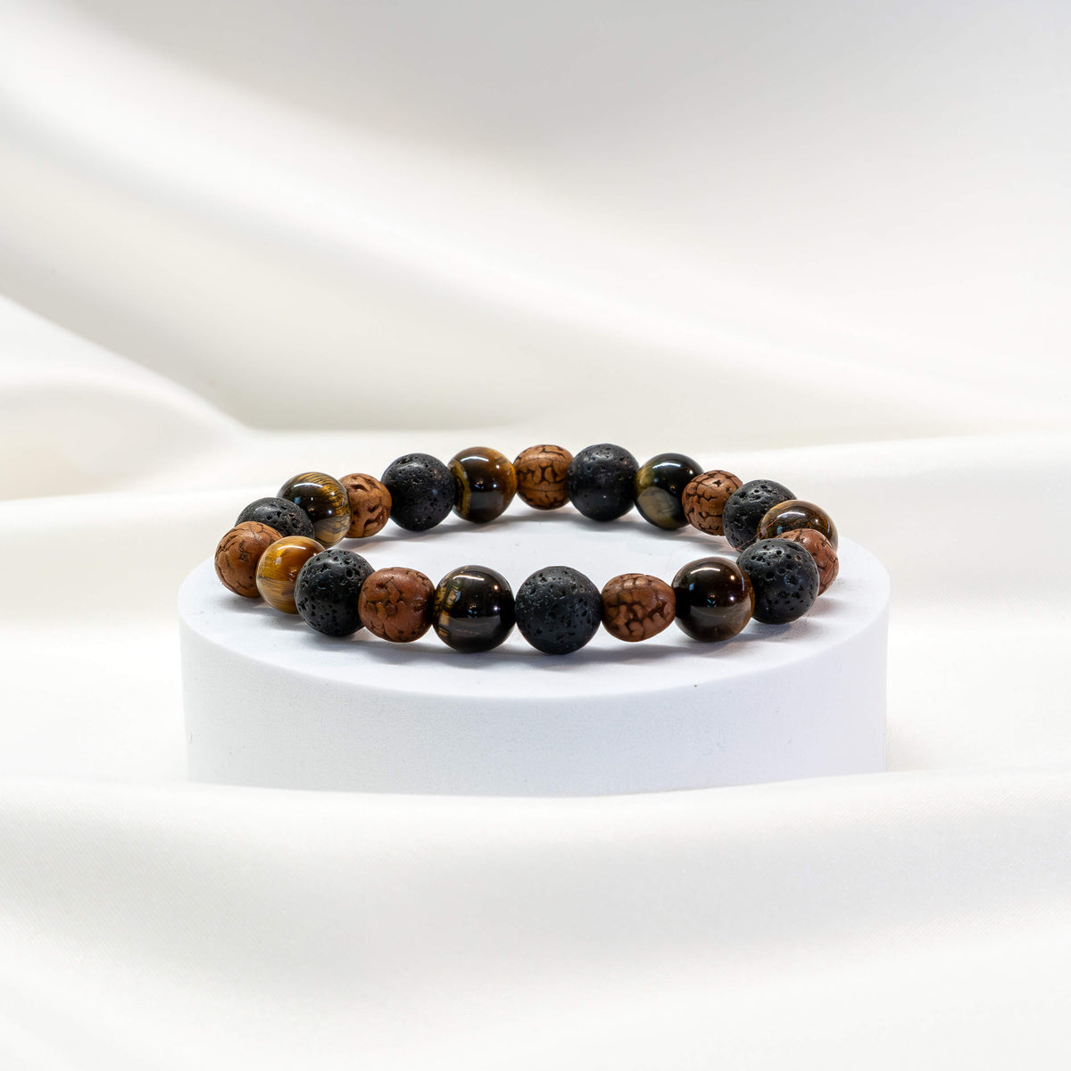 Armband Rudraksha/Tigerauge/Lavastein