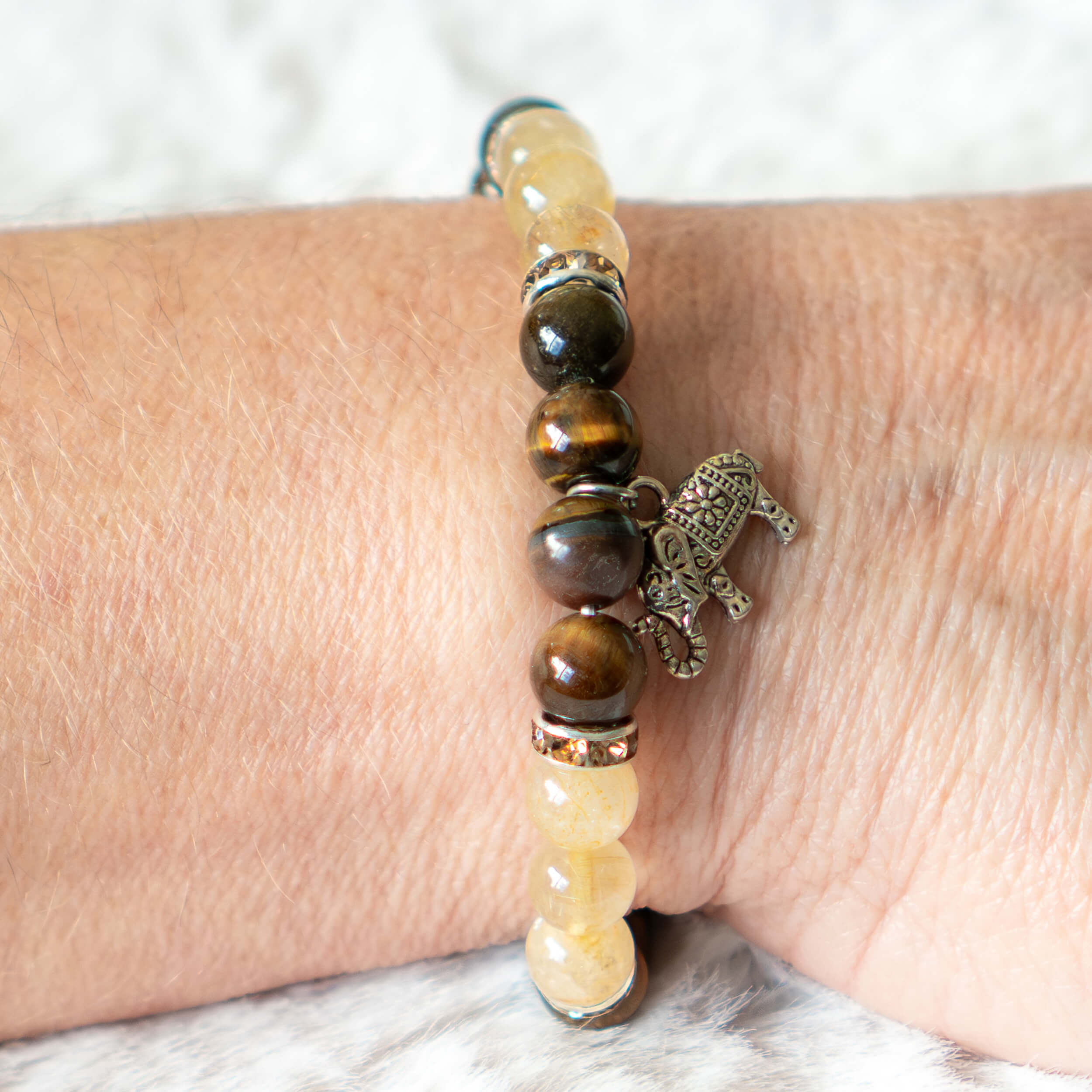 Armband Tigerauge/Rutilquarz mit Elefant