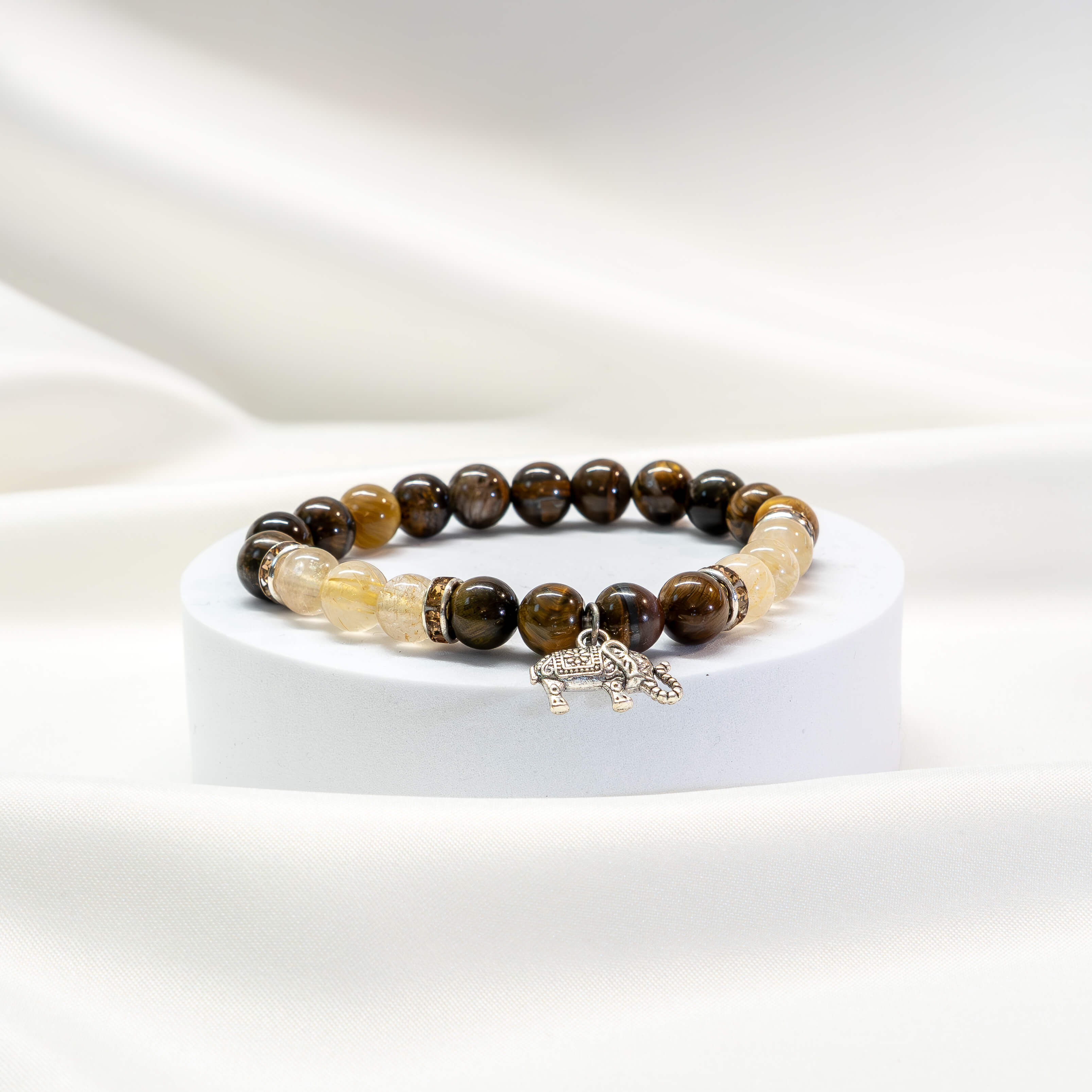 Armband Tigerauge/Rutilquarz mit Elefant
