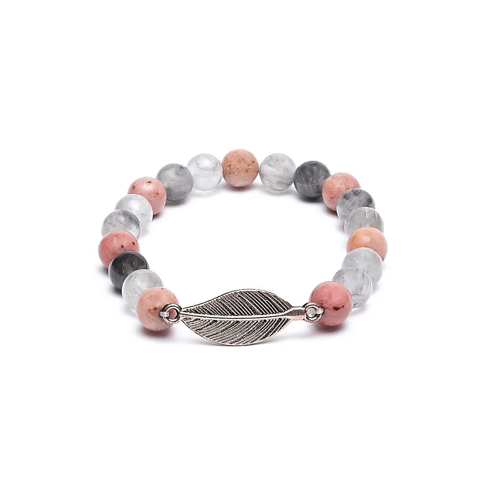 Mala Armband Rhodonit/grauer Quarz mit Feder
