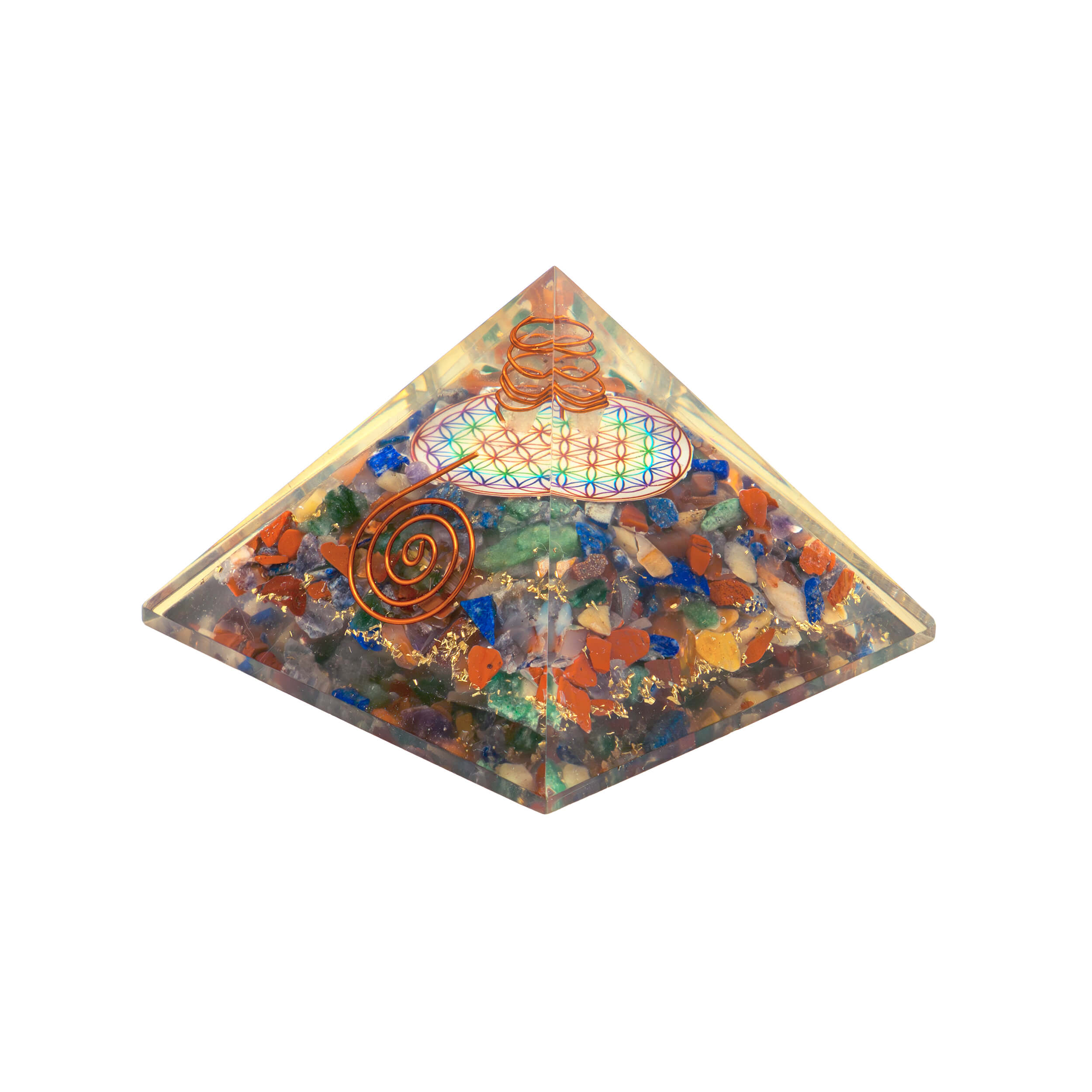 Orgonit Pyramide Chakra Blume des Lebens mit Kristallspitze