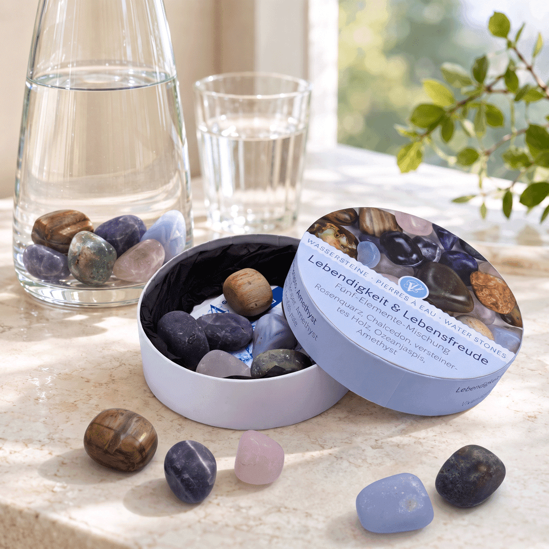 Wassersteine 5 Elemente Mischung „Lebendigkeit und Lebensfreude“ in Geschenkdose