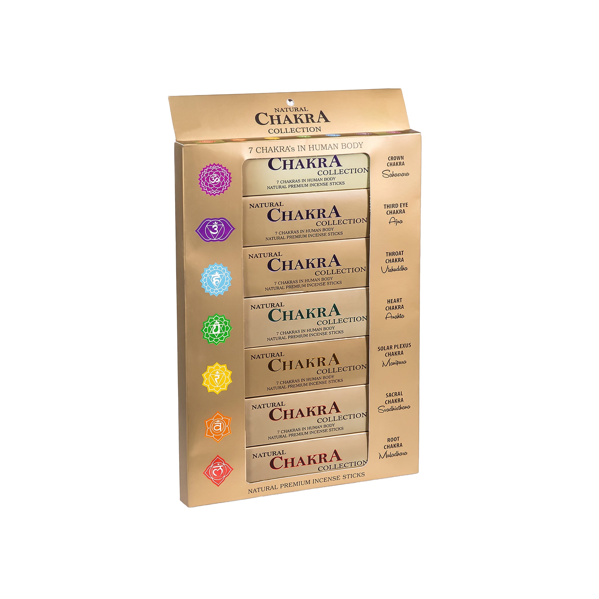 Räucherstäbchen Geschenkset 7 Chakren in goldfarbener Box